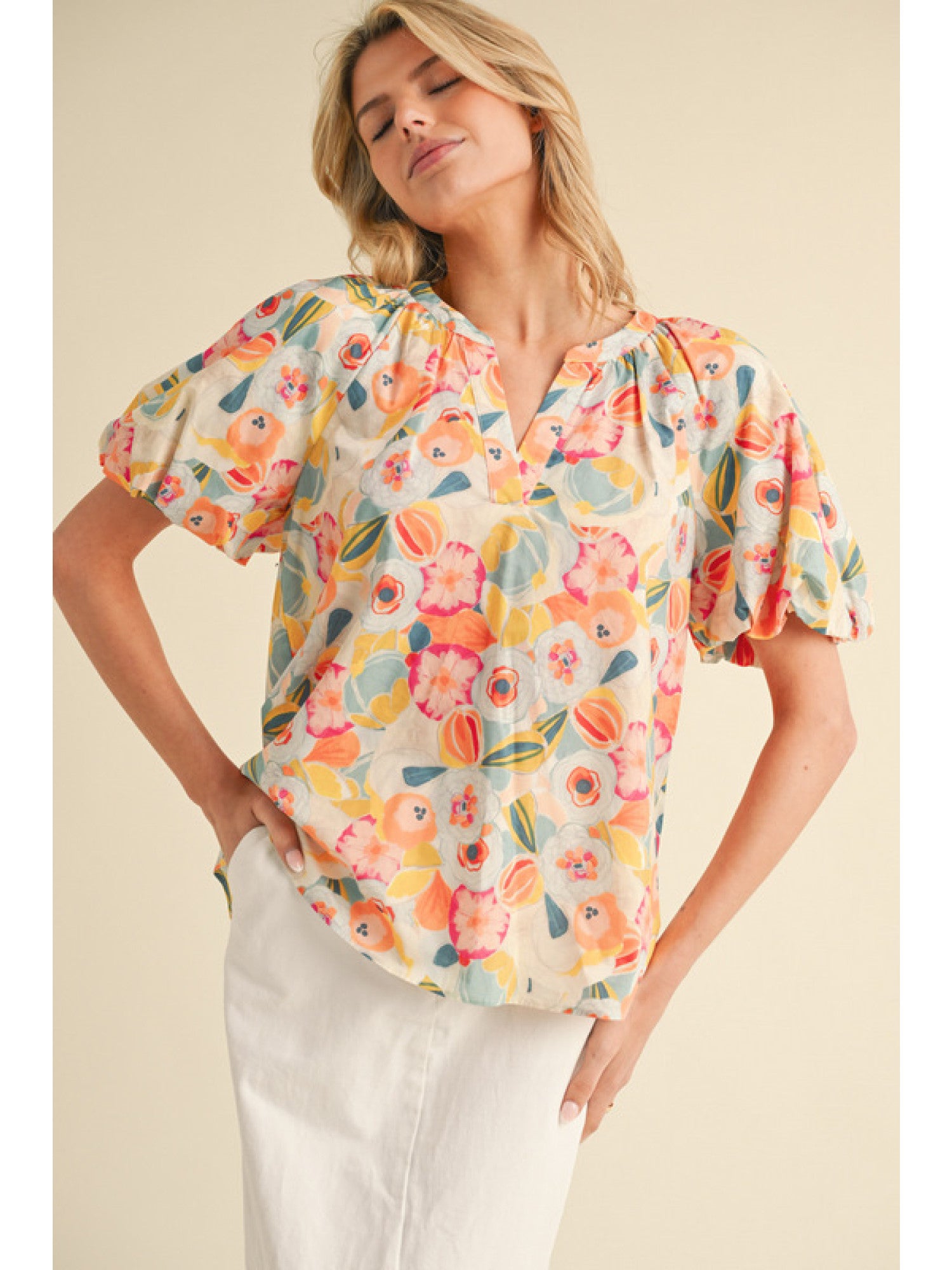 Tiona Floral Print Blouse with Split Neck