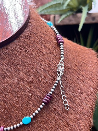 McKinley Sterling Navajo Pearl Necklace With Purple Spiny & Turquoise Accents - 16"