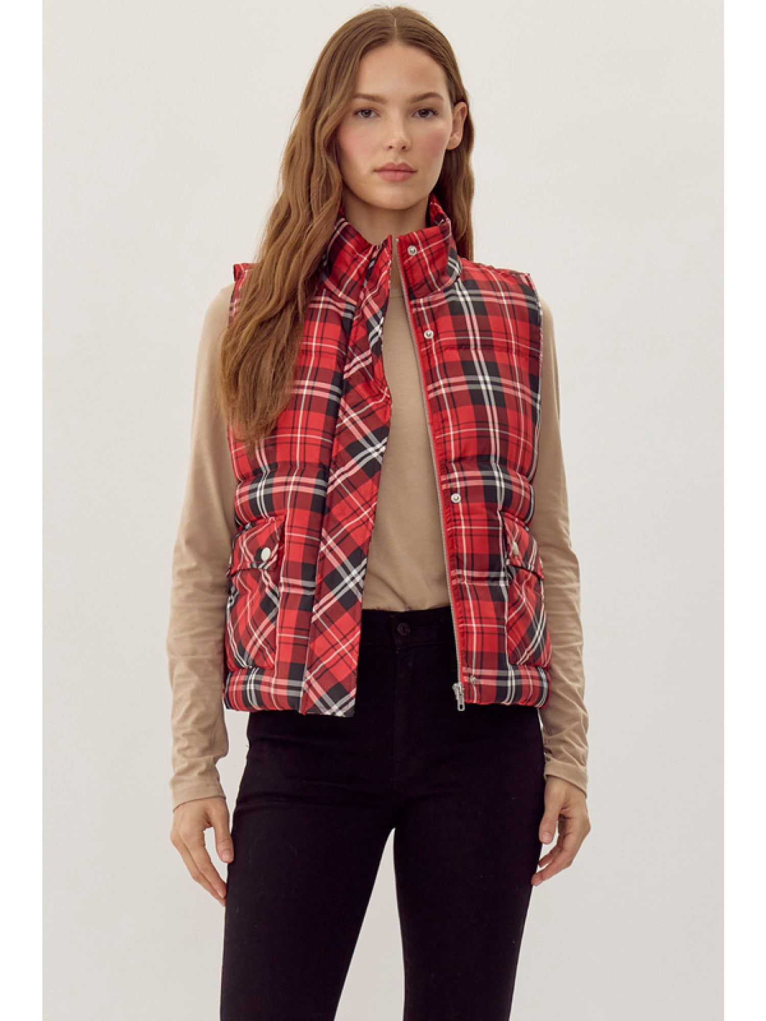 Fireside Plaid Puffer Vest - Red