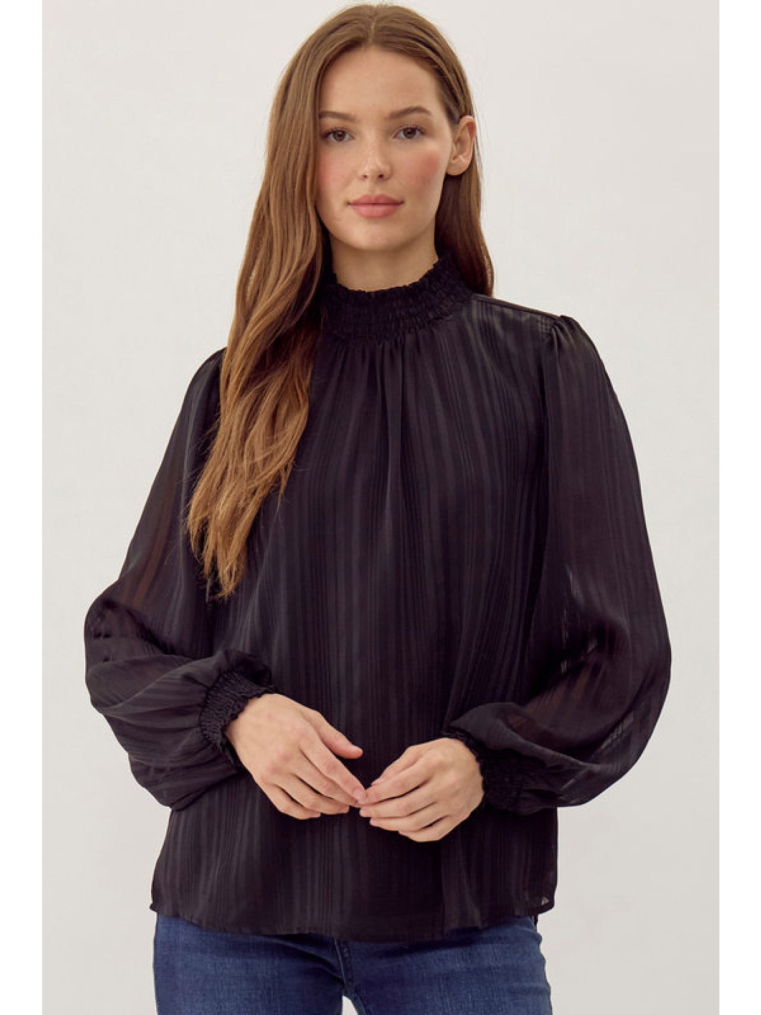 Black Textured Striped Top with Feminine Smocked Neck