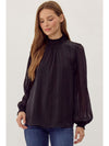 Black Textured Striped Top with Feminine Smocked Neck