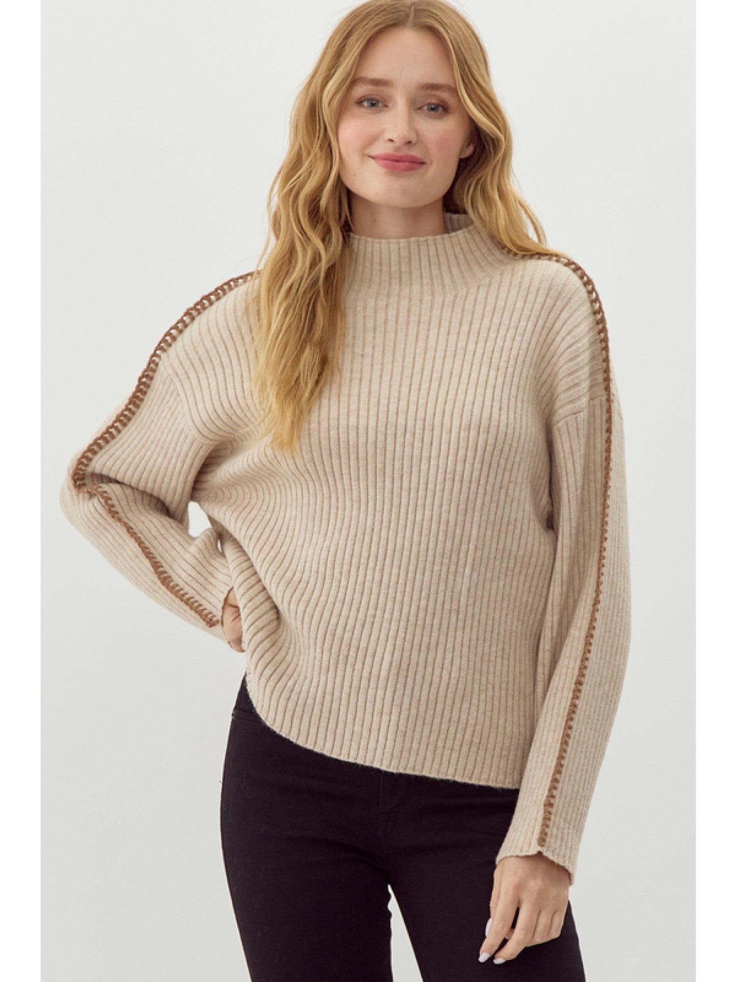 Kinsler Ribbed High Neck Contrast Stitch Sweater - Oatmeal