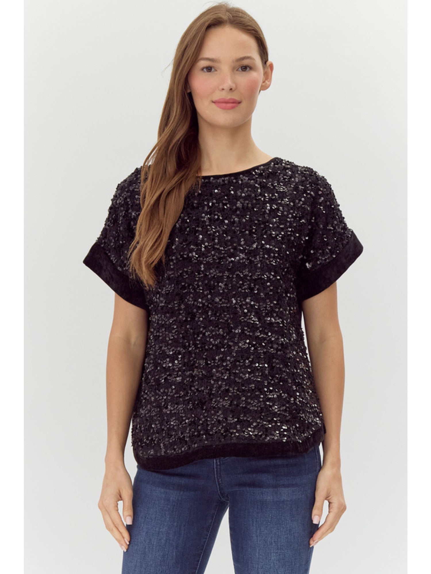 Jessie Sequin Short Sleeve Top - Black