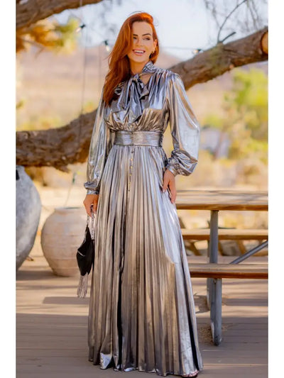 Silver Stunner Metallic Long Sleeve Pleated Maxi Dress