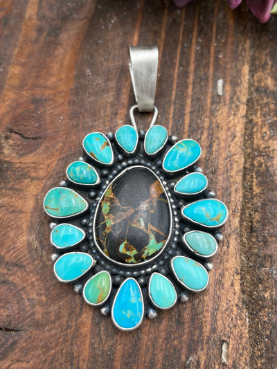 Sterling Dark Teardrop Center 16 Stone Turquoise Statement Pendant & Adjustable Ring