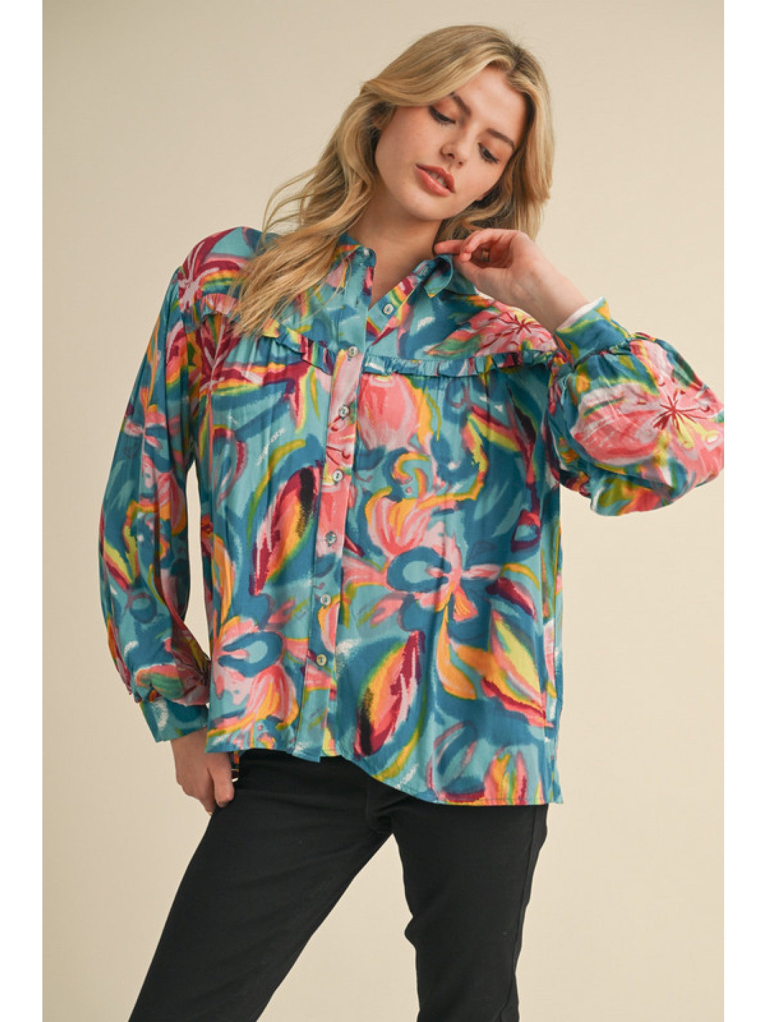 Teal Mix Printed Blouse