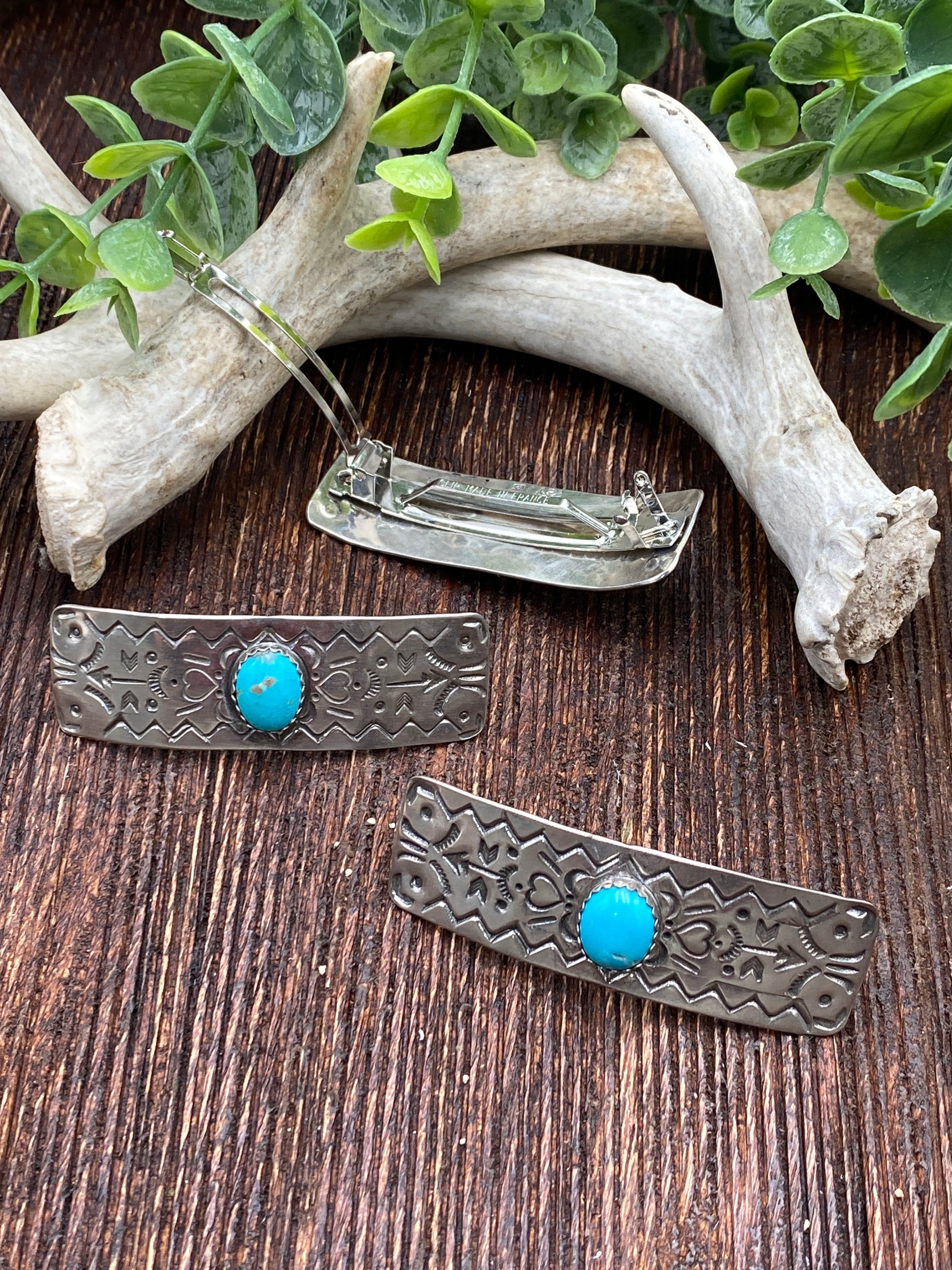 Dakota Stamped Sterling Turquoise Barrettes