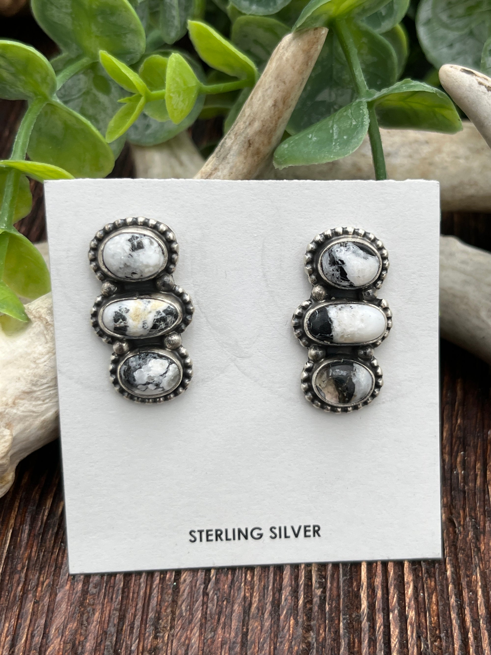 Alene Sterling Stacked 3 Oval Post Earrings - White Buffalo