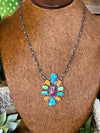 Vera Sterling Chain With 11 Stone Turquoise & Spiny Pendant Rectangle Center - 18"