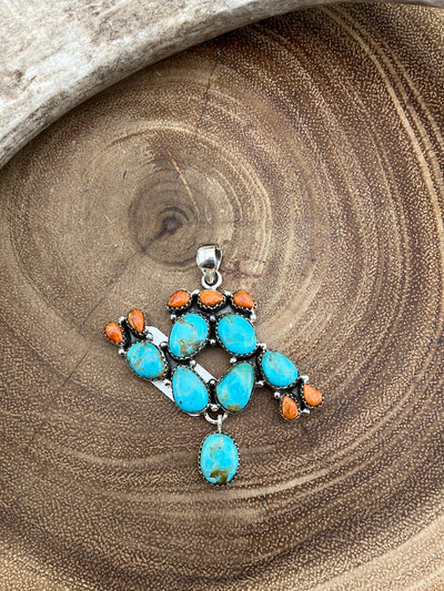 Hada Sterling Cactus Pendant - Turquoise & Orange Spiny