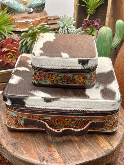 Cowhide Turquoise Backed Tooled Leather Jewelry Box