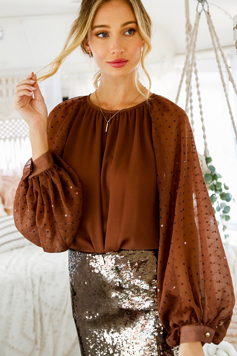 Sequin Balloon Sleeve Blouse