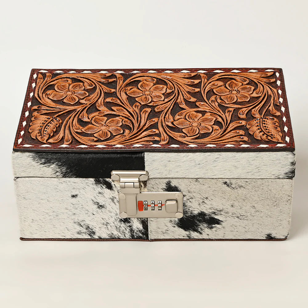 Floral Tooled Leather and Hair on Hide Jewelry Box