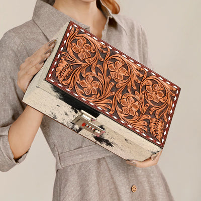 Floral Tooled Leather and Hair on Hide Jewelry Box