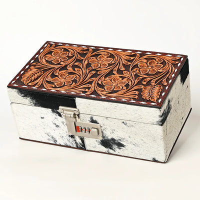 Floral Tooled Leather and Hair on Hide Jewelry Box