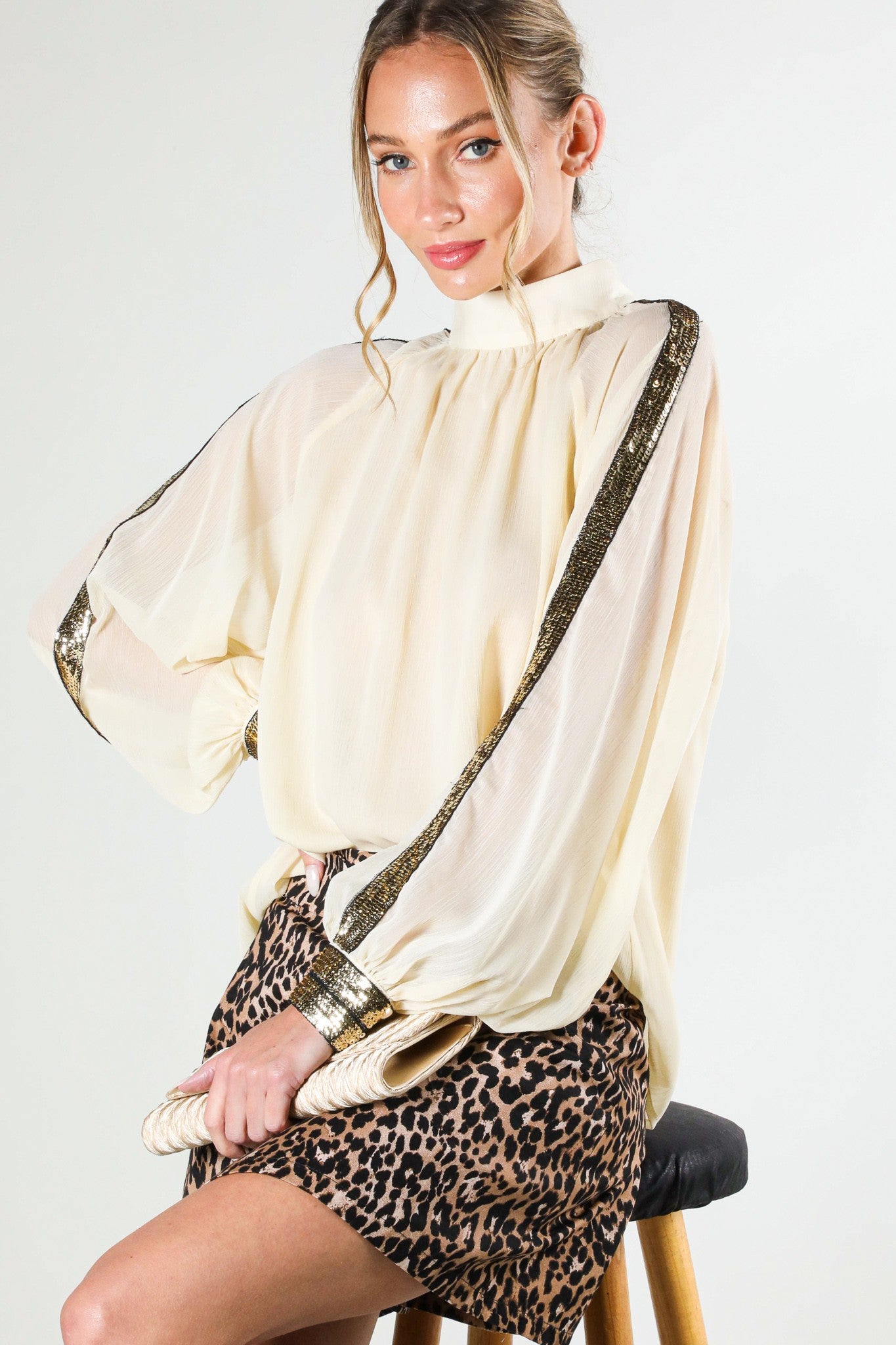 Long Sleeve Sequin Chiffon Blouse