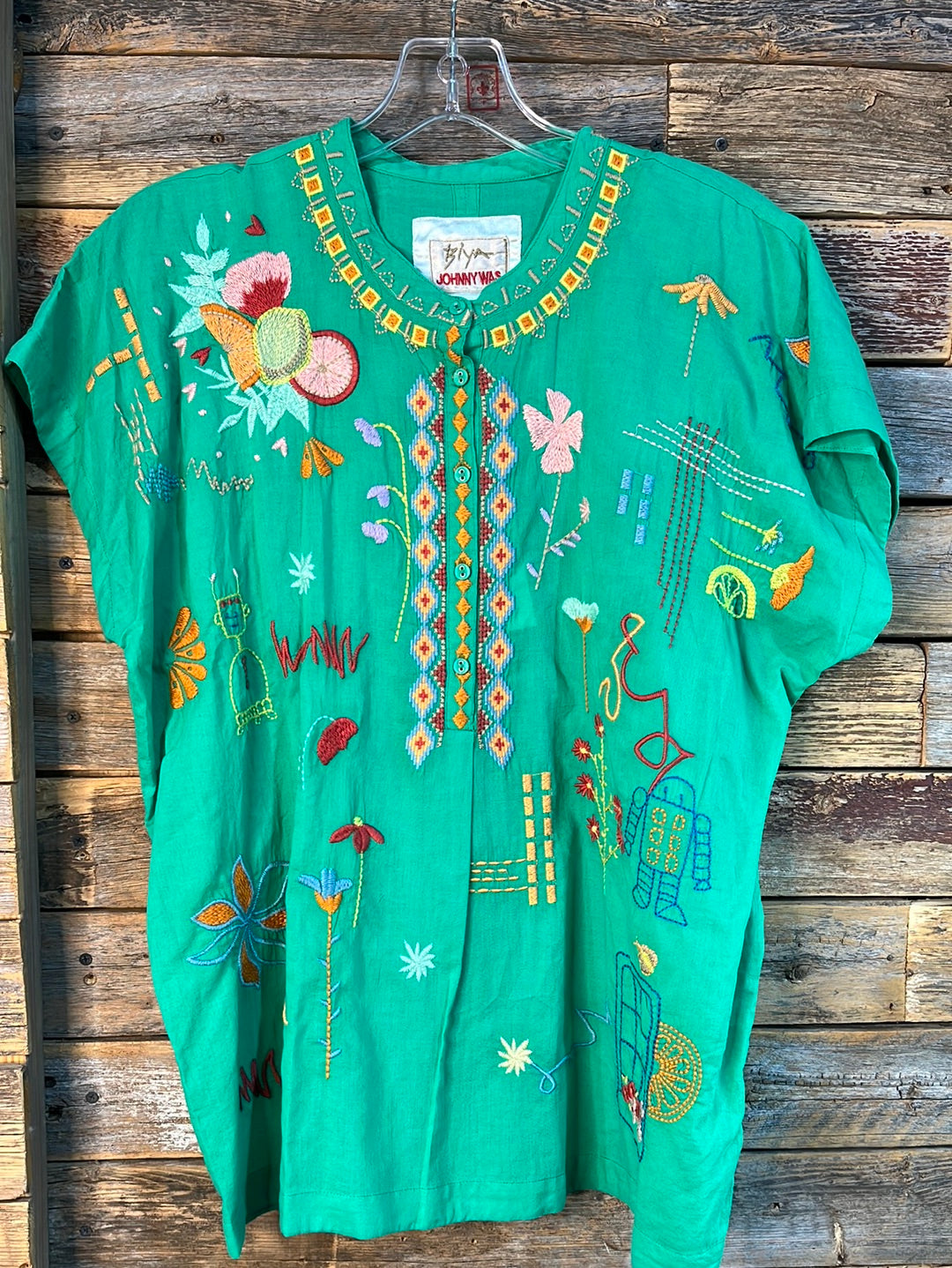 Johnny Was Ulla Floral-Embroidered Henley Thermal Tee