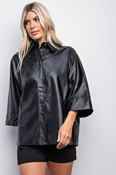 Costa Vegan Leather Button Up Top - Black