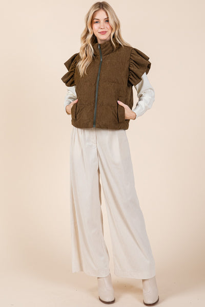 Corduroy Puffer Vest with Ruffled Sleeves