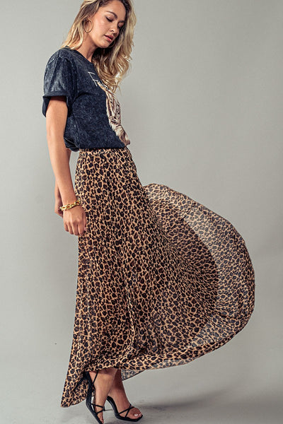 Leopard Print Pleated Maxi Skirt