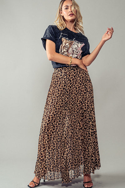 Leopard Print Pleated Maxi Skirt