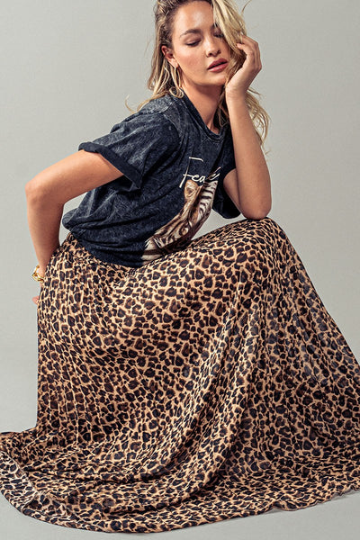 Leopard Print Pleated Maxi Skirt