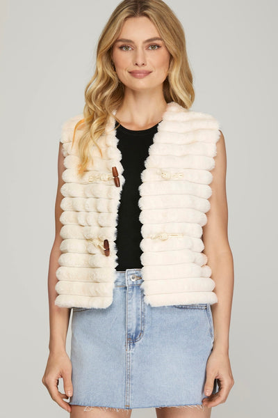 Faux Fur Open Front Toggle Button Detail Vest