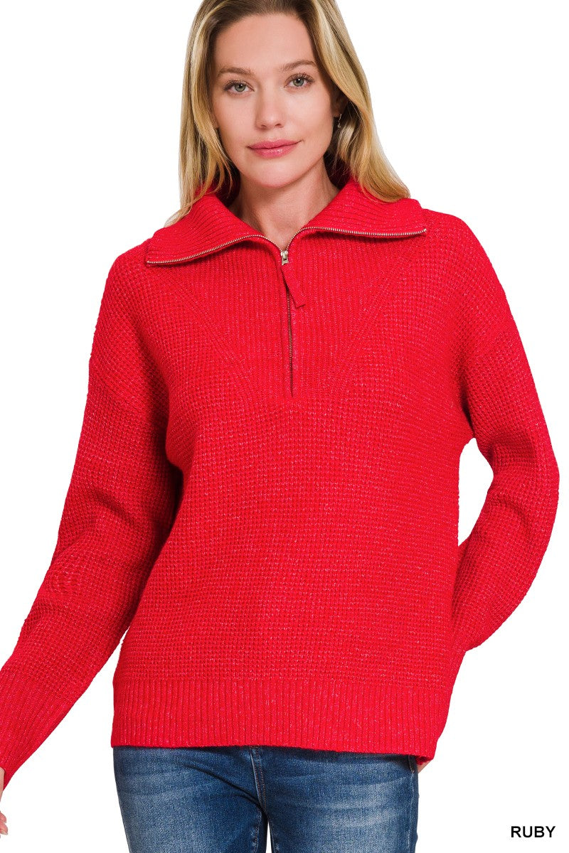 Red Half Zip High Collard Pullover Sweatshirt