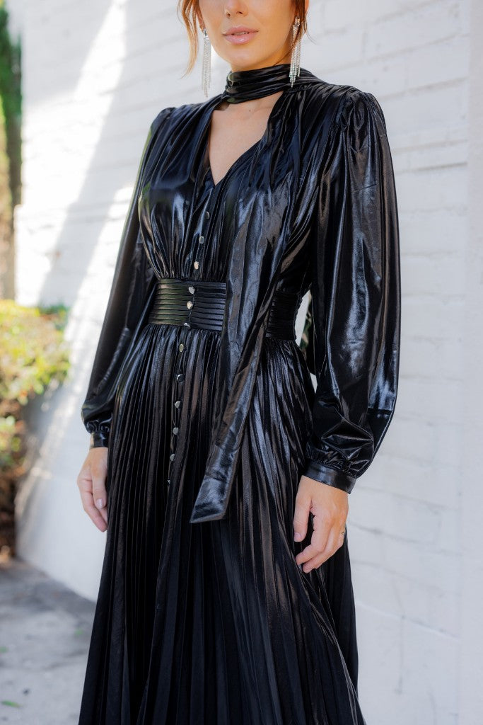 Black Metallic Long Sleeve Pleated Maxi Dress