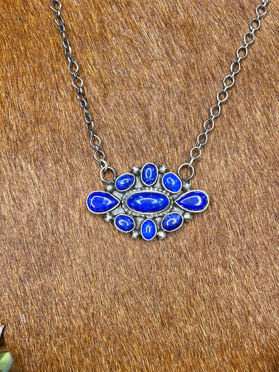 Lapis Sterling Link Chain Cluster Stone Pendant