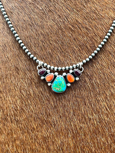 McKee Sterling Navajo Pearl Necklace With Sliding Multi Stone Pendant - 16"