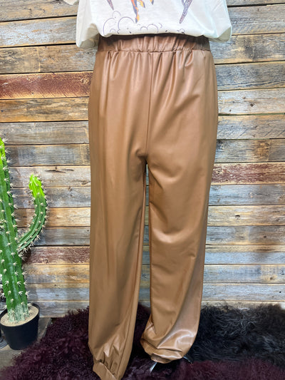 Casey Faux Leather Elastic Waist Drawsting Jogger Pants