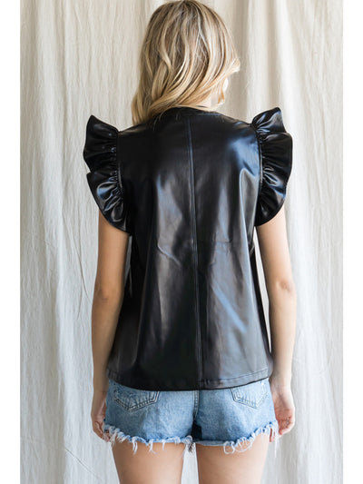 Kia Faux Leather Ruffled Shoulder Blouse