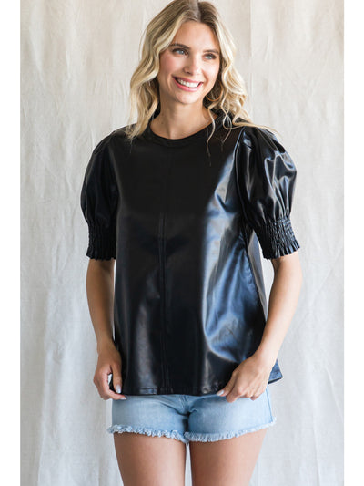 Kia Faux Leather Puffed Sleeve Blouse