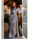 Silver Stunner Metallic Long Sleeve Pleated Maxi Dress