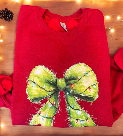 Christmas Light Grinchy Bow Sweatshirt