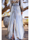 Silver Stunner Metallic Long Sleeve Pleated Maxi Dress