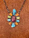 Vera Sterling Chain With 11 Stone Turquoise & Spiny Pendant Rectangle Center - 18"