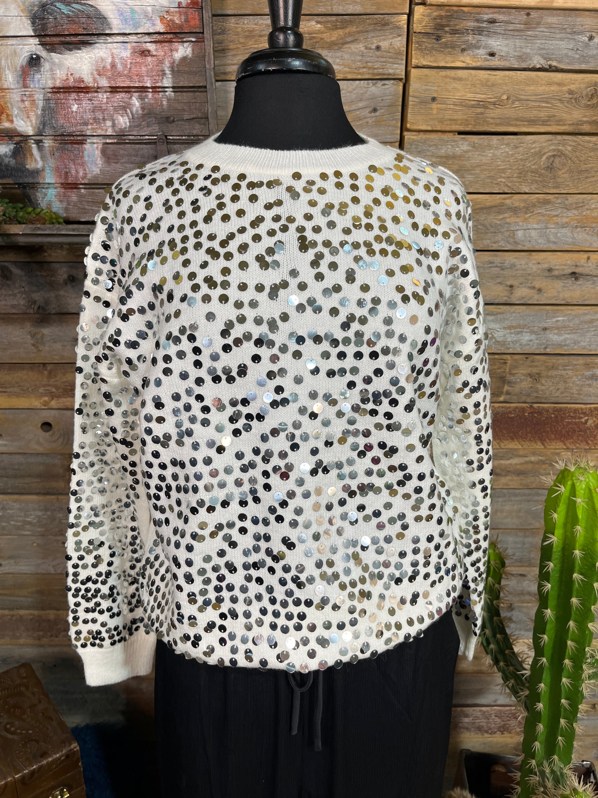 Maisy Sequin Crew Neck Sweater - White