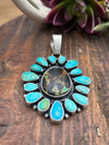 Sterling Dark Teardrop Center 16 Stone Turquoise Statement Pendant & Adjustable Ring