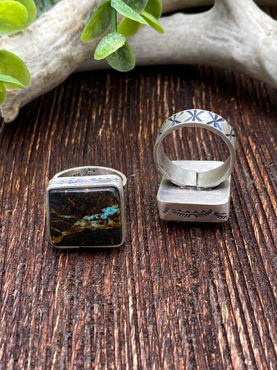 Sterling Stamped Band Dark Turquoise Ring