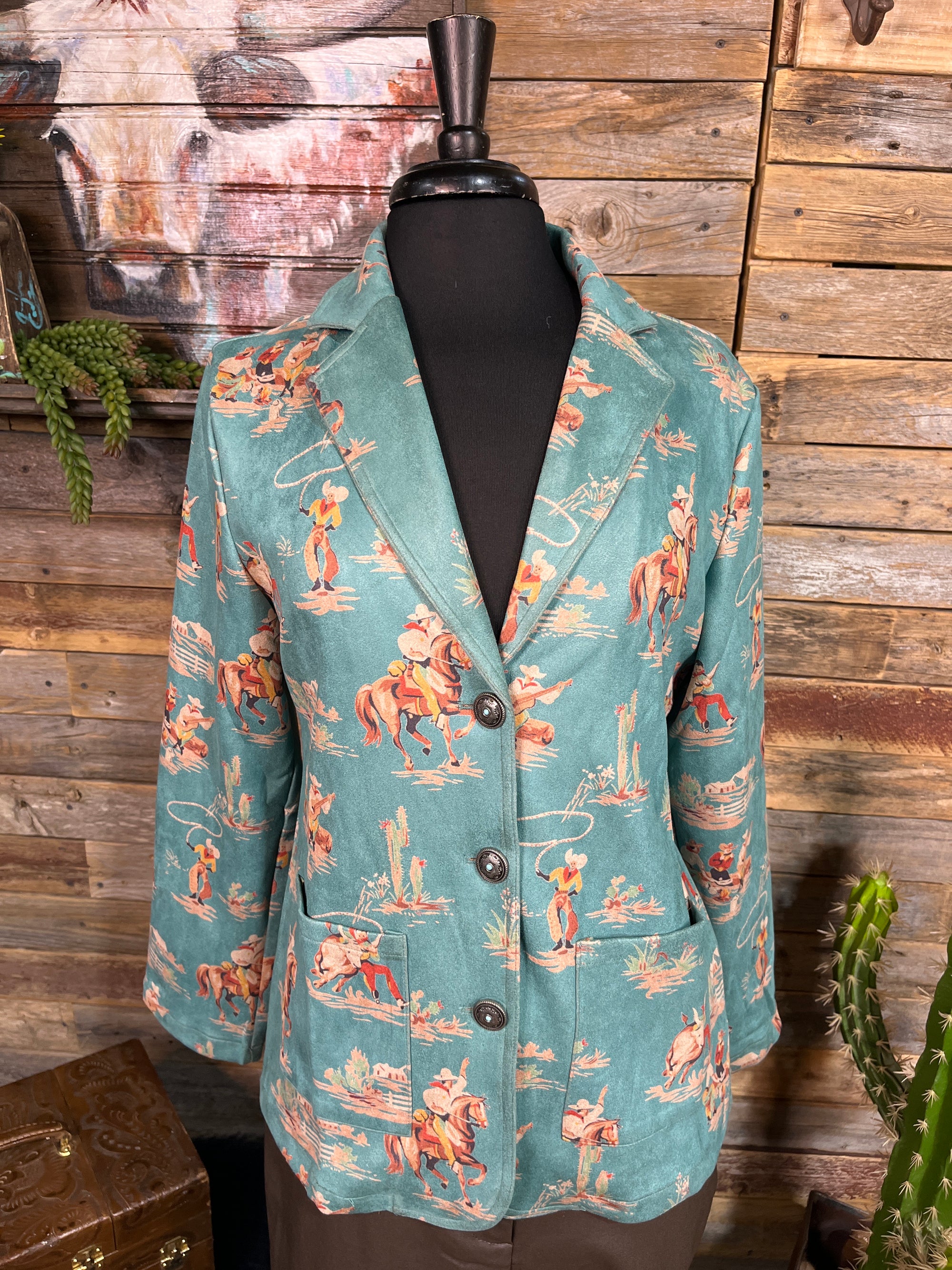 Cowboys Passing Time Turquoise Stretch Suede Blazer Jacket