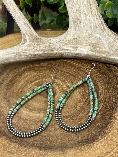 Harpe 2 Stand Turquoise Heishi Teardrop Earrings - 4.5"