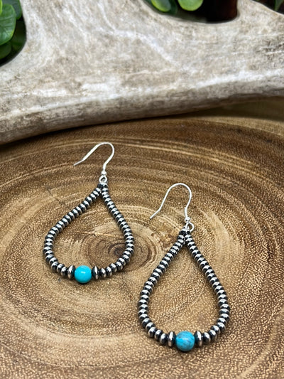 3mm Saucer Bead & Turquoise Teardrop Earrings  - 3"