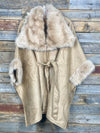 Suede Belted Cape With Wide Vegan Fur Collar & Cuffs - Tan