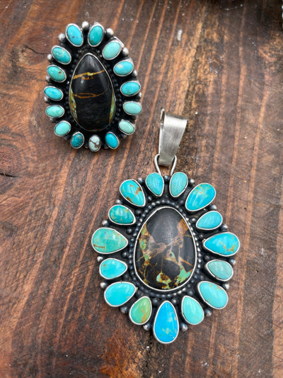 Sterling Dark Teardrop Center 16 Stone Turquoise Statement Pendant & Adjustable Ring