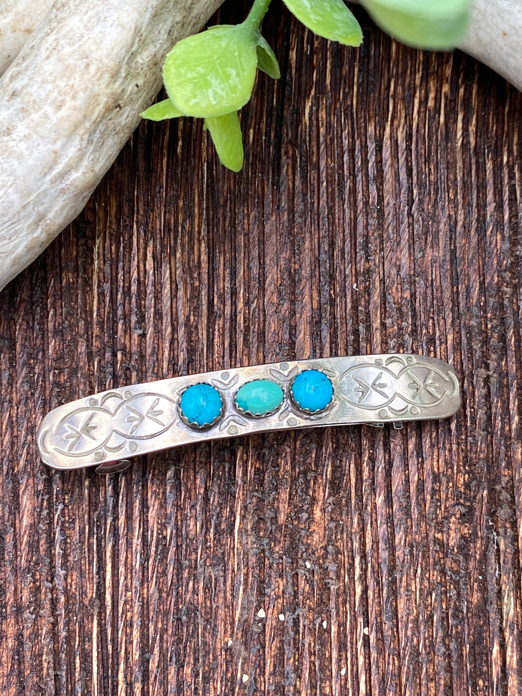 Cheryl Stamped Sterling Turquoise Barrettes