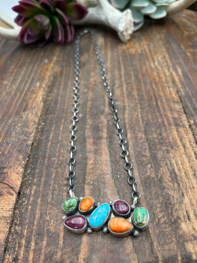 Cafe Sterling Link Chain With 7 Stone Turquoise & Spiny Pendant - 18"