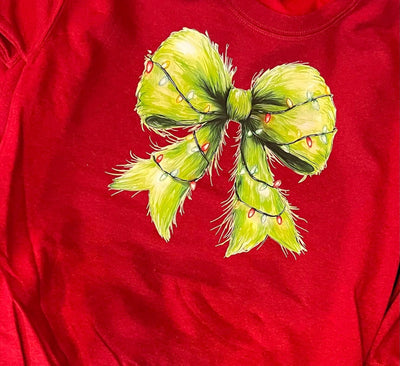 Christmas Light Grinchy Bow Red Long Sleeve Tee