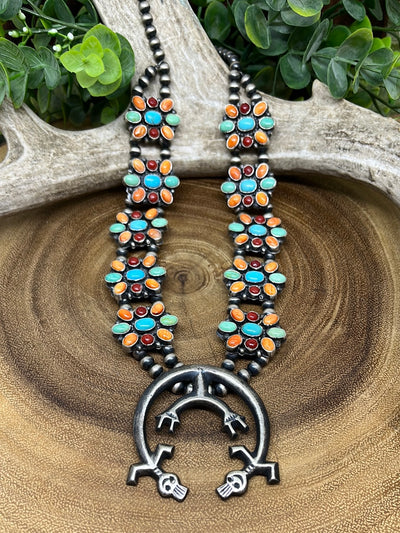 Multi Kokopelli Squash Blossom Necklace & Earrings Set